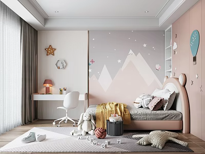 Kids Room Interior With Pink Grey Walls Star Mountain Decor Desk Chair And Stuffed Toys 3d model