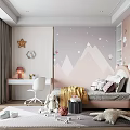 Kids Room Interior With Pink Grey Walls Star Mountain Decor Desk Chair And Stuffed Toys