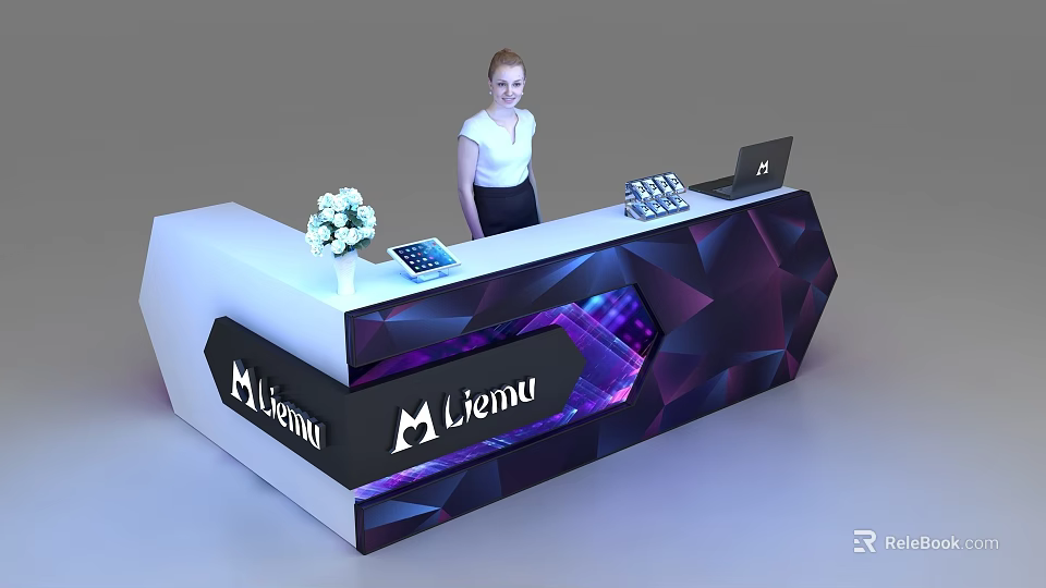 Modern Lienu Reception Desk With Geometric Design Purple Lighting Flower Arrangement Tablet Laptop And Receptionist 3d model 
