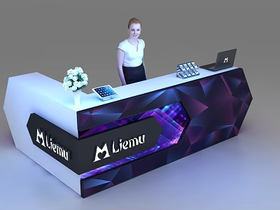 Modern Lienu Reception Desk With Geometric Design Purple Lighting Flower Arrangement Tablet Laptop And Receptionist 3d model