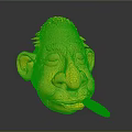 Cartoon 3D Character Head With Blue Short Hair Closed Eyes Big Ears And Red Cigar