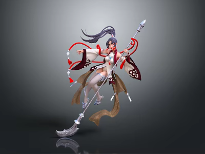 Woman in dynamic pose with long flowing hair wearing traditional outfit holding decorated staff weapon 3d model
