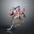 Woman in dynamic pose with long flowing hair wearing traditional outfit holding decorated staff weapon