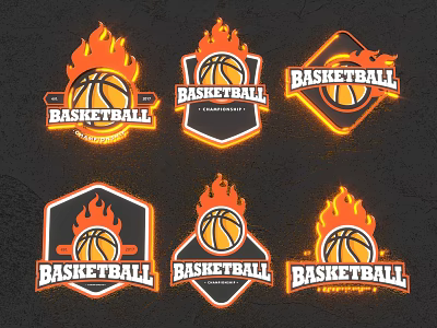 Various Basketball Logo Designs With Flaming Elements And Sporty Styles 3d model