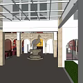 Elegant Hotel Lobby Interior With Arched Architecture Red Walls Large Windows And Maroon Sofas 3d model