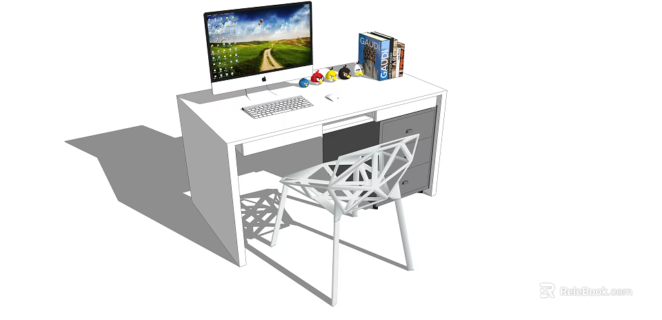 Modern White Desk With Monitor Keyboard Books And Geometric Design Chair 3d model 