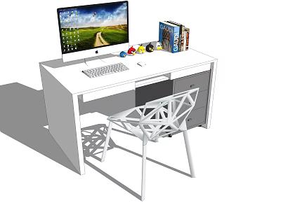 Modern White Desk With Monitor Keyboard Books And Geometric Design Chair 3d model