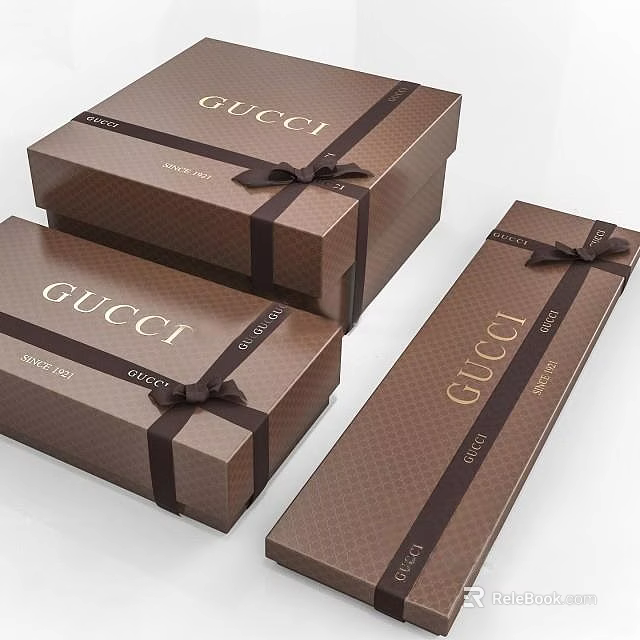 Gucci Ornament Decoration Set With Brown Gift Boxes And Black Ribbon Bows 3d model 