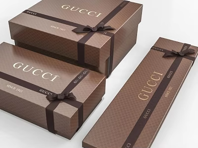 Gucci Ornament Decoration Set With Brown Gift Boxes And Black Ribbon Bows 3d model