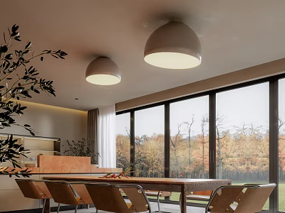 Modern Restaurant Interior With Hanging Pendant Lights Large Windows Autumn Forest View And Wooden Table 3d model