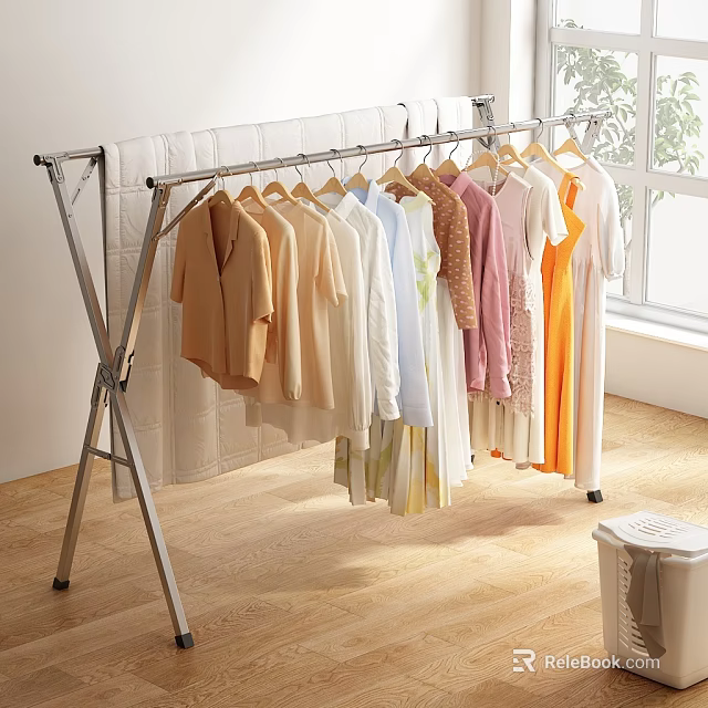 Indoor Clothes Drying Rack With Various Colored Clothes Hanging Near Window 3d model