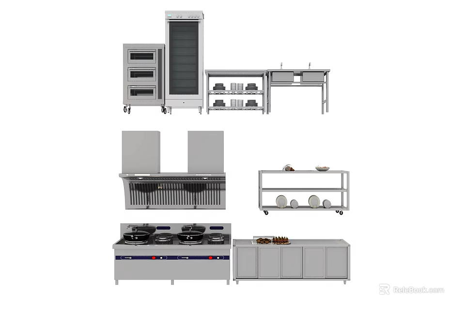 Stainless Steel Kitchen Appliances Including Oven Refrigerator Stove Range Hood with Cabinets and Shelves 3d model 