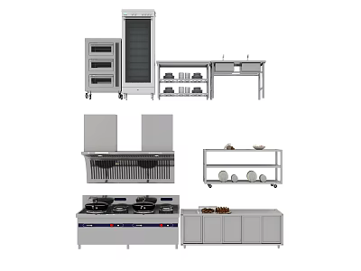 Stainless Steel Kitchen Appliances Including Oven Refrigerator Stove Range Hood with Cabinets and Shelves 3d model
