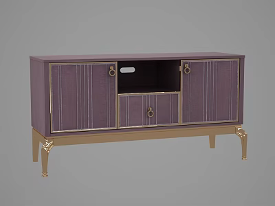 Elegant Modern TV Stand With Purple Cabinet Doors Open Compartment Gold Metal Legs And Drawer 3d model