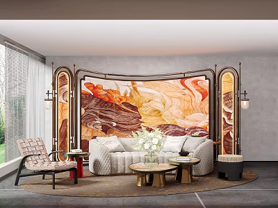 Elegant Sofa Coffee Table Set With Decorative Wall Mural And Accent Chair Lighting 3d model
