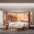 Elegant Sofa Coffee Table Set With Decorative Wall Mural And Accent Chair Lighting