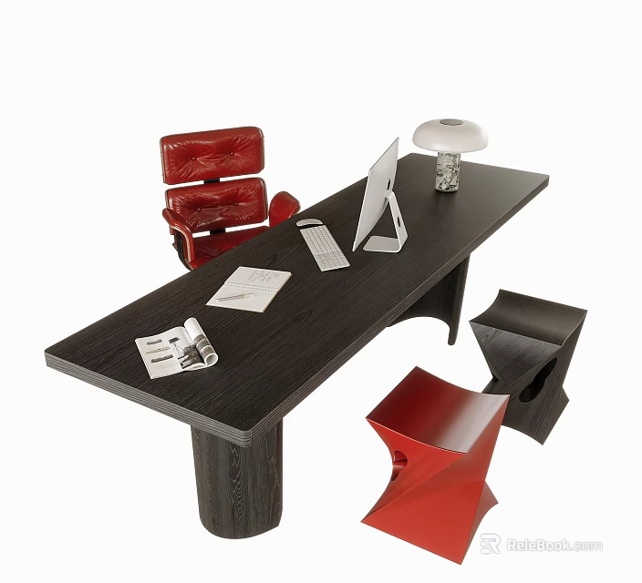 Modern Dark Wood Desk Interior With Red Chair White Lamp Computer Documents And Magazines 3d model