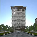 High Rise Residential Building With Modern Exterior Design Ornate Top Balconies And Lush Trees
