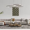 Modern Sofa Coffee Table Set With Geometric Wall Art And Pendant Lights 3d model