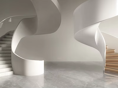 Modern Spiral Staircase Interior With White Curved Structure And Wooden Steps On Marble Floor 3d model