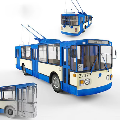 Classic Blue and White Bus with Multiple Views and Detailed Exterior Design 3d model