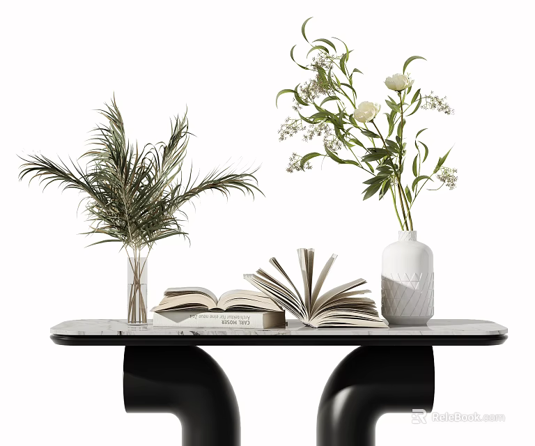 Elegant Flower Vases with Palm Leaves and White Blooms on Black Table with Open Books 3d model 
