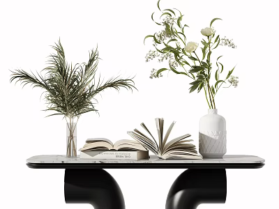 Elegant Flower Vases with Palm Leaves and White Blooms on Black Table with Open Books 3d model