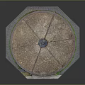 Octagonal Stone Manhole Cover With Circular Metal Center Brick Edges And Moss