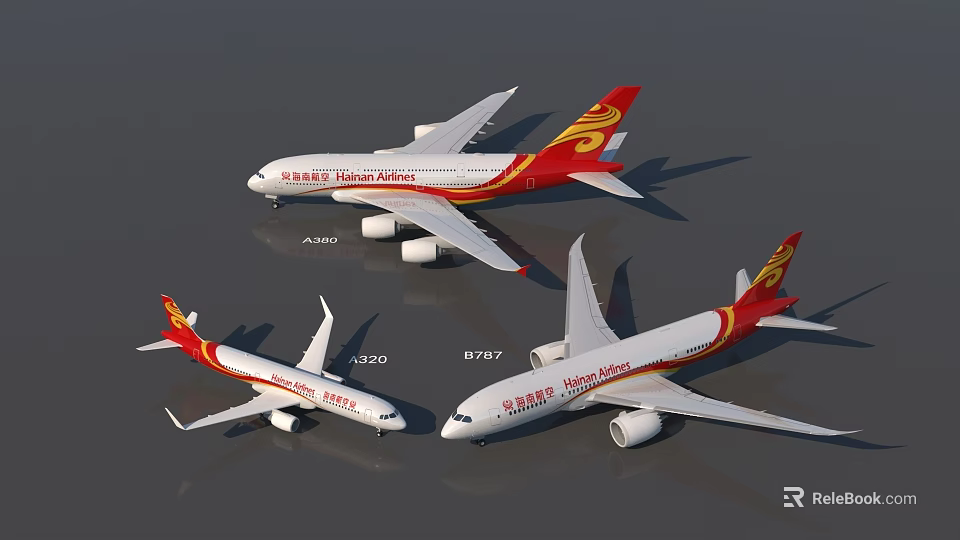 Hainan Airlines Airliners With Boeing 787 737 Airbus A330 White Body Red Yellow Tail Design 3d model 