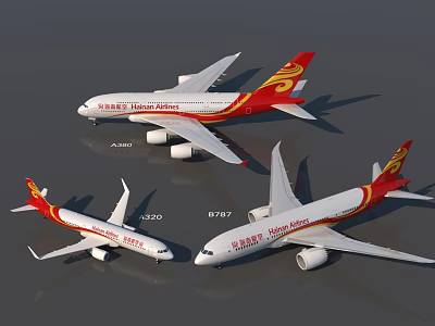 Hainan Airlines Airliners With Boeing 787 737 Airbus A330 White Body Red Yellow Tail Design 3d model