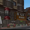 Traditional Commercial Street Featuring Classic Architecture Shop Signs Outdoor Seating And Flower Decor