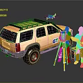 Orange SUV With Roof Rack Near Workers Using Surveying Equipment And Drone