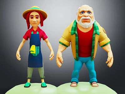 Cartoon Characters With Straw Hat Red Shirt Apron And White Beard Yellow Jacket Blue Pants 3d model