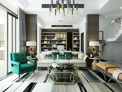 Modern Living Room Interior With Green Armchair Beige Sofa Glass Coffee Table And Bookshelves 3d model