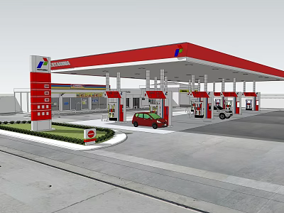 Modern Gas Station With Red Canopy Fuel Pumps Vehicles And Service Building 3d model
