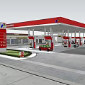 Modern Gas Station With Red Canopy Fuel Pumps Vehicles And Service Building