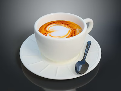 Latte Art With Heart Shape In White Coffee Cup On Saucer And Spoon 3d model