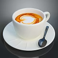 Latte Art With Heart Shape In White Coffee Cup On Saucer And Spoon
