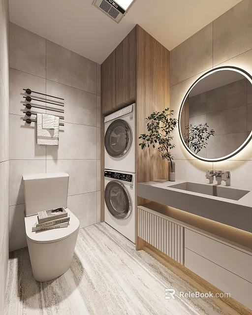 Modern Bathroom Interior With Tiled Walls Wooden Cabinets Round Mirror And Stacked Washing Machines 3d model 
