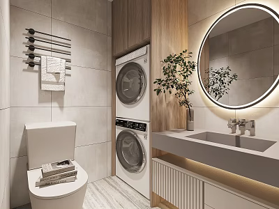 Modern Bathroom Interior With Tiled Walls Wooden Cabinets Round Mirror And Stacked Washing Machines 3d model