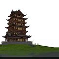 Traditional Ancient Chinese Pagoda Architecture with Multi Story Eaves Green Grassland and Water Surface