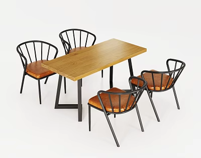 Dining Table And Chairs Set With Wooden Tabletop Black Metal Frame And Brown Leather Seats 3d model