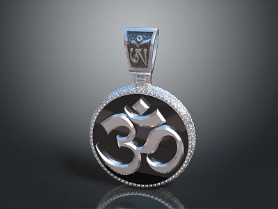 Elegant Silver Circular Pendant With OM Symbol And Diamond Inlaid Design 3d model
