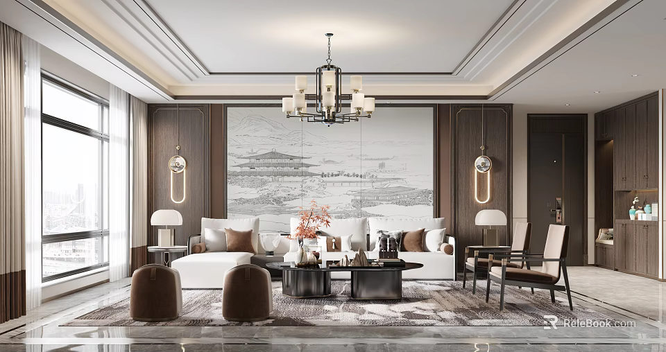 Traditional Chinese Living Room Interior With Landscape Painting Chandelier And White Sofa 3d model 