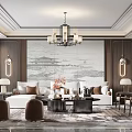 Traditional Chinese Living Room Interior With Landscape Painting Chandelier And White Sofa