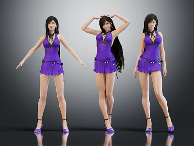 Three Female Characters In Purple Outfits With Long Hair And High Heels In Different Poses 3d model