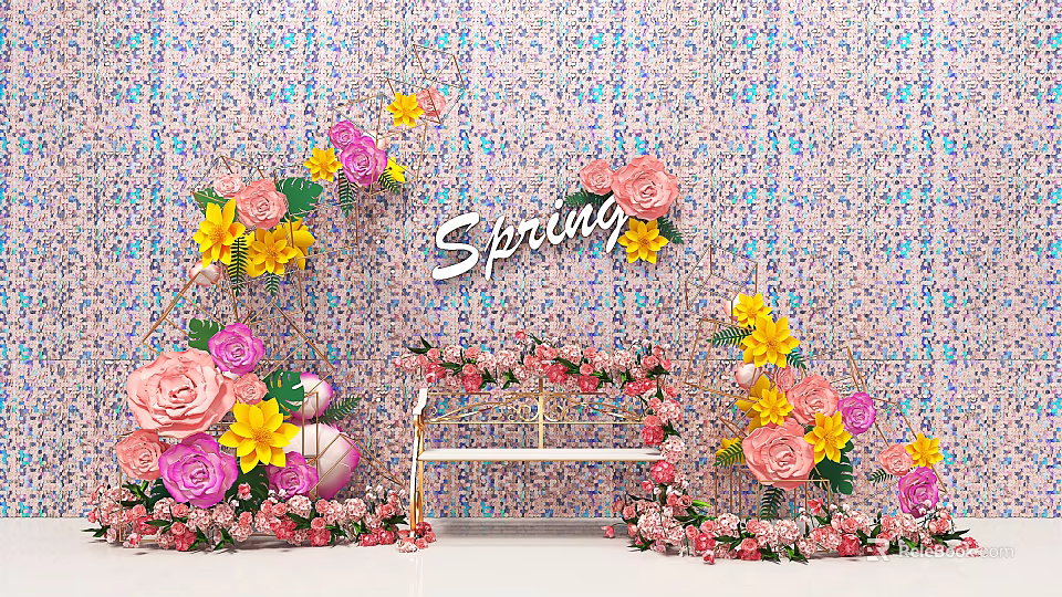Spring Themed Floral Decoration Scene With Pink Yellow Flowers And Decorative Background 3d model 