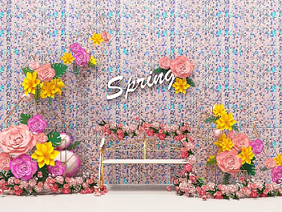 Spring Themed Floral Decoration Scene With Pink Yellow Flowers And Decorative Background 3d model