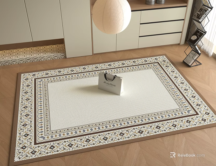 White Square Rug With Brown Geometric Border In Modern Living Room With Cabinet And Lantern 3d model 