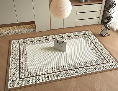 White Square Rug With Brown Geometric Border In Modern Living Room With Cabinet And Lantern 3d model